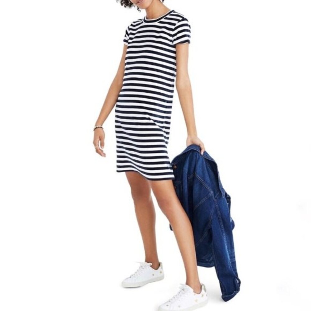 Madewell Striped Dress Womens XXS Blue White Velour Preppy A Line Nautical
